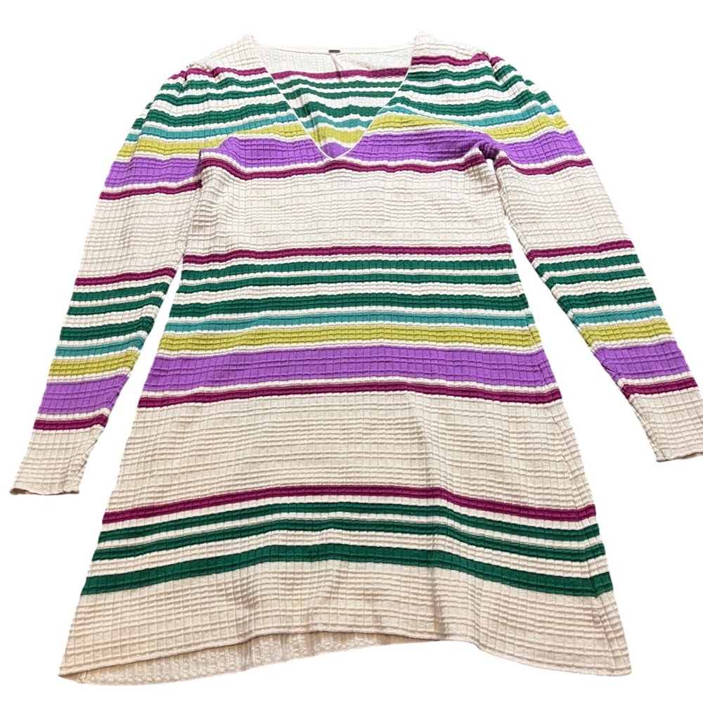 FREE PEOPLE Gidget Sweater Dress Womens Multi Striped Ribbed Knit V-Neck Medium - Picture 2 of 10